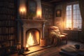 a warm and cozy living room, with a fireplace and a stack of books nearby