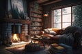 a warm and cozy living room, with a fireplace and a stack of books nearby