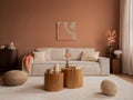 Warm and cozy living room interior with mock up poster frame, modular sofa, wooden coffee table, vase with dried flowers, pillows Royalty Free Stock Photo