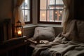 warm and cozy reading nook, with blanket and cup of tea, for a quiet evening Royalty Free Stock Photo
