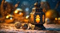 Vintage Candlelit Lantern with Christmas Ornaments on Snowy Surface Royalty Free Stock Photo