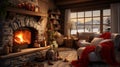 Warm Cozy Winter Evening Retreat at home cabin cottage on cold snowy day Royalty Free Stock Photo