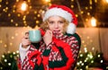 Warm and cozy. Woman drink tea christmas decorations background. Relax and recharge. Girl with mug of hot beverage
