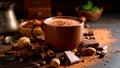 Warm cup of cocoa with chocolate, spices, and nuts on a dark background. Royalty Free Stock Photo