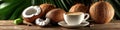 A warm cup of coffee accompanied by some fresh coconuts on a table, perfect for a cozy morning or afternoon Royalty Free Stock Photo