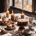 Breakfast table hot coffee birthday cake with candles
