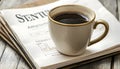 close up of a white coffee cup with gold rim filled with black coffee placed on a stack of business newspapers on wooden surface Royalty Free Stock Photo