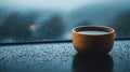 A warm cup of coffee sits on a windowsill, rain drops fall on the glass and the windowsill Royalty Free Stock Photo