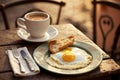 Warm cup of coffee and sunny-side-up egg served on a rustic table outdoors Royalty Free Stock Photo