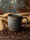 Warm cup of coffee surrounded by roasted beans and rustic d?cor Royalty Free Stock Photo