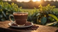 Delicious Hot Chocolate Drink in Glass Cup with Cocoa Beans on Wooden Table at Sunset Royalty Free Stock Photo