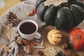 Warm cup of tea, pumpkins, autumn leaves, cones, cozy scarf on rustic wooden table in farmhouse. Cozy fall in rural home. Happy