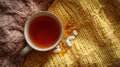 Cozy Knitted Wool Textures Surround a Warm Cup of Tea With Vitamins Beside It on a Soft Surface Royalty Free Stock Photo