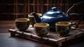 Warm cup of tea with teapot, green tea leaves and dried herbs on the bamboo mat at morning, generative ai Royalty Free Stock Photo