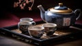 Warm cup of tea with teapot, green tea leaves and dried herbs on the bamboo mat at morning, generative ai Royalty Free Stock Photo