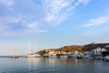 Warm dawn colors over the harbor of Patmos island, Dodecanese, Greece Royalty Free Stock Photo