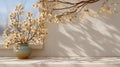 Warm daylight filtering through window creating soft shadows on wall with small festive branch, elegant minimal composition, cozy Royalty Free Stock Photo