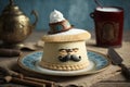 warm delicious dessert with cream in shape of hat in form of napoleon cake