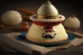 warm delicious dessert with cream in shape of hat in form of napoleon cake