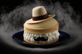 warm delicious dessert with cream in shape of hat in form of napoleon cake