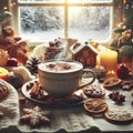 warm delicious drink on cold winter mornings, a cozy house with a view through the window of falling snow. ai generative