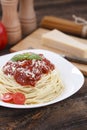 Warm, delicious spaghetti with sauce and basil. Royalty Free Stock Photo