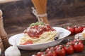 Warm, delicious spaghetti with sauce and basil. Royalty Free Stock Photo
