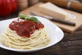 Warm, delicious spaghetti with sauce and basil. Royalty Free Stock Photo