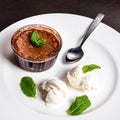 Warm dessert chocolate fondant lava cake served with vanilla ice cream balls and mint on white plate. Royalty Free Stock Photo