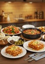 Warm Dinner with Lasagna, Stew and Chicken Stir Fry Royalty Free Stock Photo