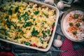 Warm dish baked macaroni chicken mushrooms Royalty Free Stock Photo