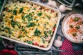 Warm dish baked macaroni chicken mushrooms Royalty Free Stock Photo