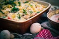 Warm dish baked macaroni chicken mushrooms Royalty Free Stock Photo