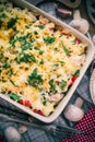 Warm dish baked macaroni chicken mushrooms Royalty Free Stock Photo