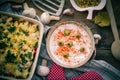 Warm dish baked macaroni chicken mushrooms Royalty Free Stock Photo