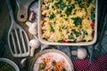 Warm dish baked macaroni chicken mushrooms Royalty Free Stock Photo