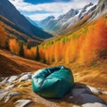 Warm down sleeping bag for hiking in cold autumn