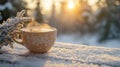 Warm Drink Snow Covered Winter Sunrise Scene Royalty Free Stock Photo