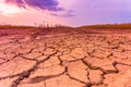 Warm dry cracked land with dead cropps, climate change concept with extreme heat