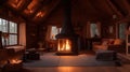 A cozy, fire-lit cabin interior with a yoga mat in the center