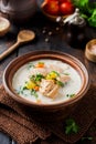 Warm Finnish creamy soup with salmon and vegetables in old ceramic bowl on old wooden background.