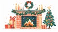 Warm fire, fireside with Xmas tree, festive decorations, candles, gifts. Flat modern illustration isolated on white.