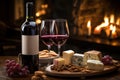 Warm fireplace ambiance paired with wine and a delectable cheese platter, hygge concept, AI Generated