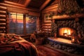 warm fireplace glowing in a log cabin Royalty Free Stock Photo