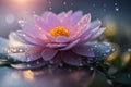 A radiant pink lotus blossom bathed in sunlight, adorned with delicate dewdrops