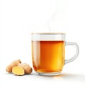 Warm ginger tea in clear glass cup with fresh ginger root, on white background Royalty Free Stock Photo