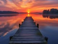 The warm glow of dawn bathes a lakeside jetty, with serene waters and reeds framing the rising sun. Royalty Free Stock Photo