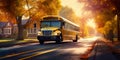 Warm glow of the morning sun, a bright yellow school bus navigates through a serene suburban area.