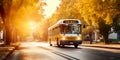 Warm glow of the morning sun, a bright yellow school bus navigates through a serene suburban area.