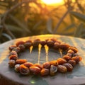 a warm glow over a table adorned with plump, ripe dates arranged in a perfect circle